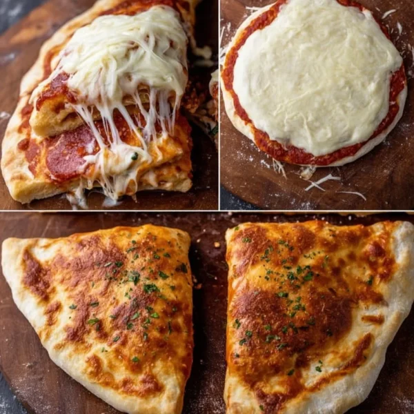 Homemade calzone filled with cheese and vegetables on a baking tray.