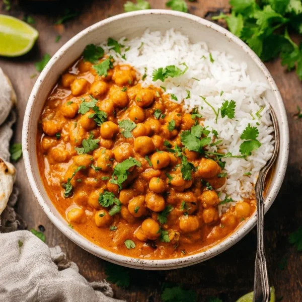 Delicious easy chickpea curry served in a bowl with fresh herbs and spices