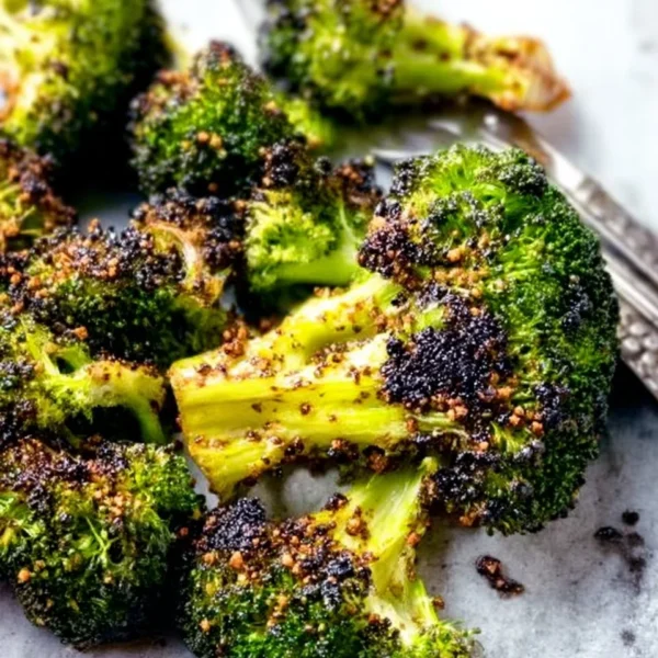 Tray of crispy oven roasted broccoli seasoned with herbs and spices
