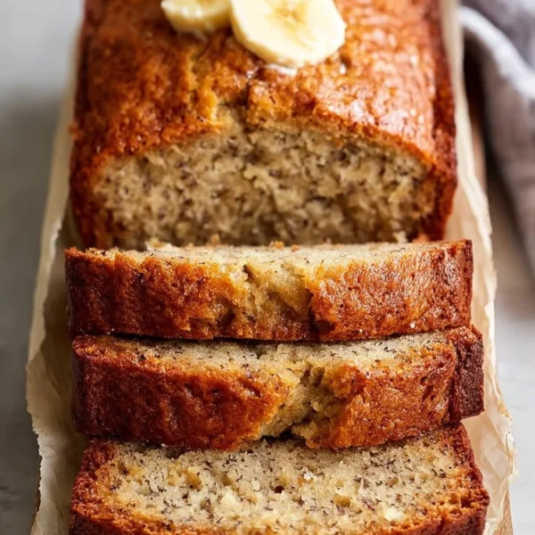 Slice of easy moist banana bread on a wooden cutting board