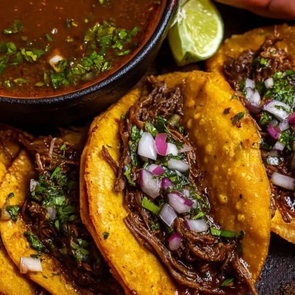 Delicious birria tacos served with rich broth and fresh toppings.