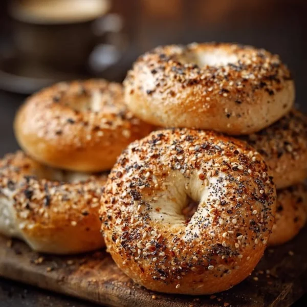 Freshly made bagels displayed on a wooden table