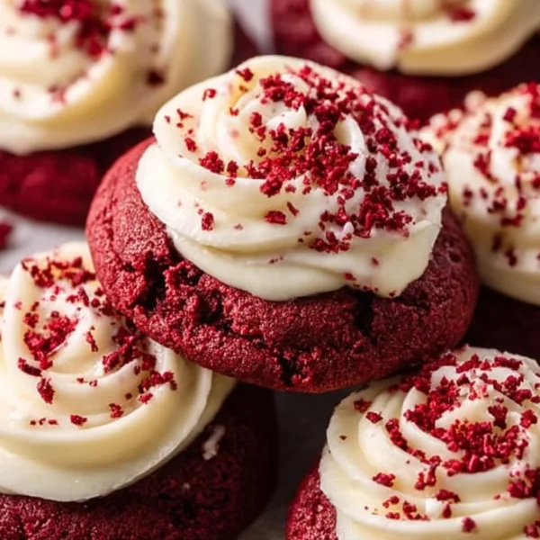 Frosted red velvet cupcake cookies on a decorative plate