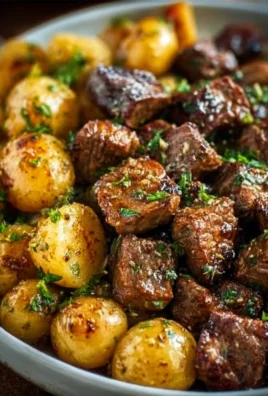 Garlic Butter Beef Bites served with diced potatoes
