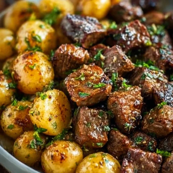 Garlic Butter Beef Bites served with diced potatoes
