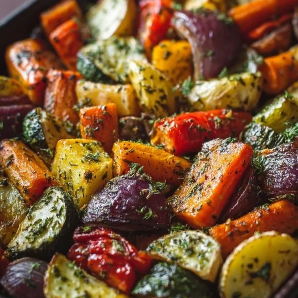 Bowl of garlic herb roasted veggies including bell peppers, zucchini, and carrots