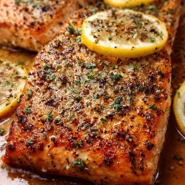 Plate of garlic lemon roasted salmon garnished with herbs and lemon wedges