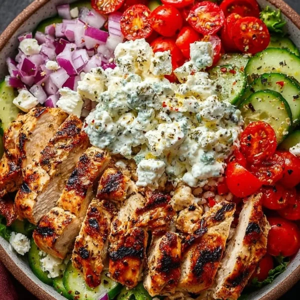 Delicious Greek chicken bowl with fresh vegetables and zesty toppings