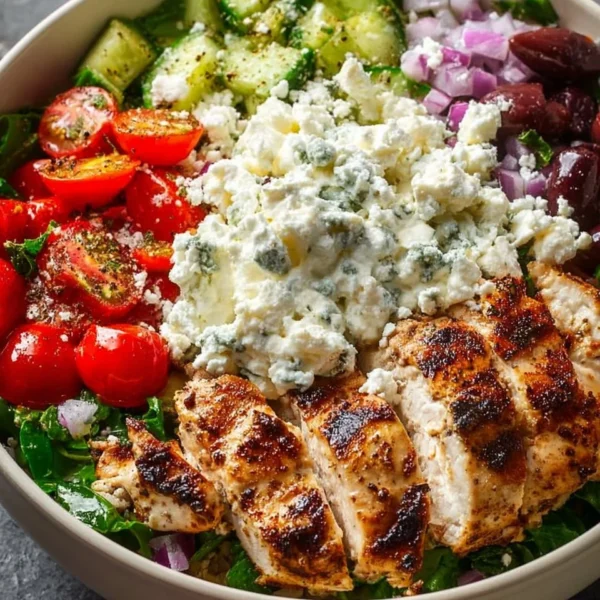 Healthy and delicious Greek Chicken Bowl with fresh veggies and savory dressing