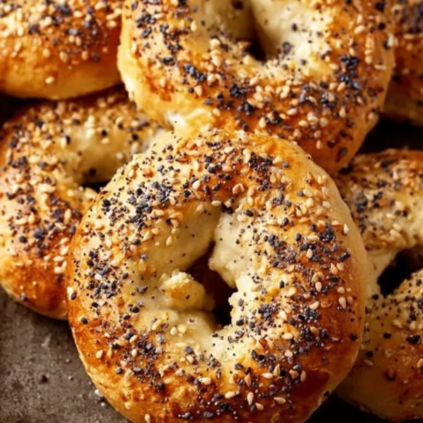 Freshly baked Greek Yogurt Bagels topped with sesame seeds.