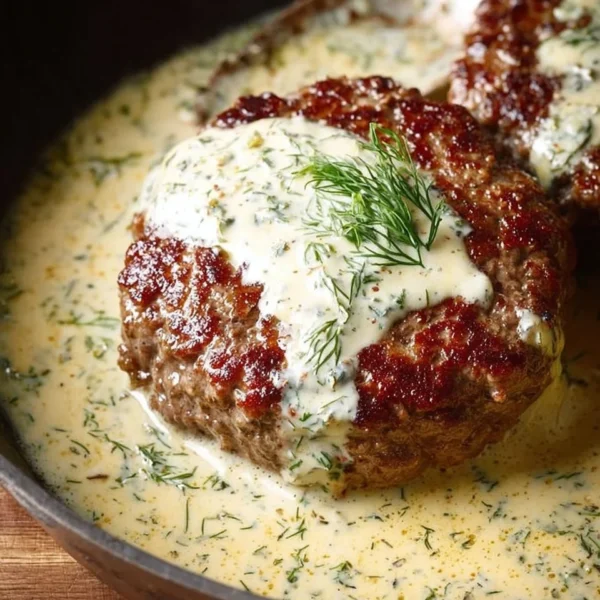 Delicious hamburger steaks served with creamy dill sauce on a plate