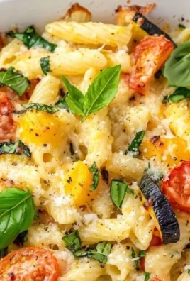 Healthy baked feta pasta with colorful vegetables in a serving dish.