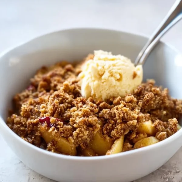 Healthy breakfast apple crumble with oats and fresh apples