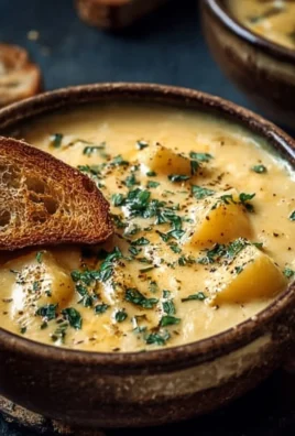 Bowl of hearty cheddar garlic herb potato soup topped with fresh herbs.