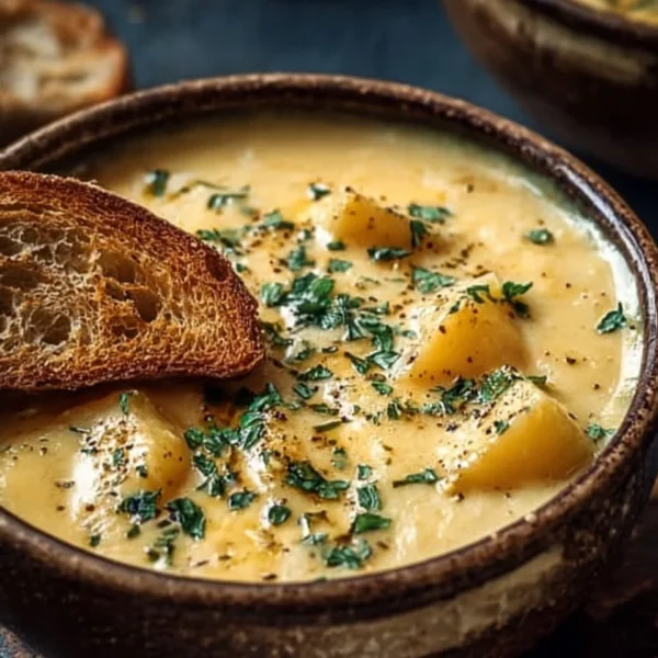 Bowl of hearty cheddar garlic herb potato soup topped with fresh herbs.