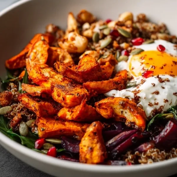 A colorful bowl of high-fiber high-protein recipes featuring legumes and grains.