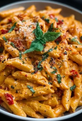 Delicious creamy roasted red pepper pasta topped with fresh herbs.