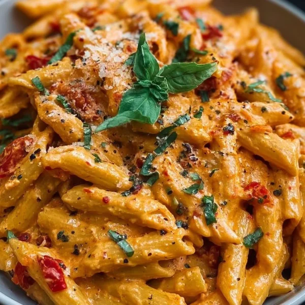 Delicious creamy roasted red pepper pasta topped with fresh herbs.