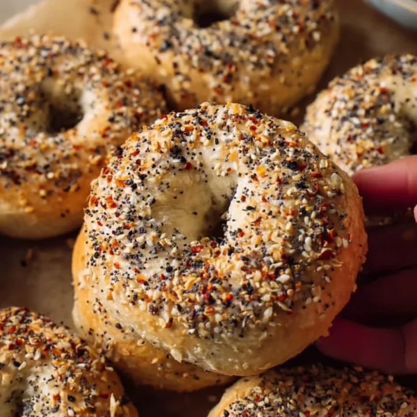 Homemade everything bagels fresh from the oven, topped with seasoning.