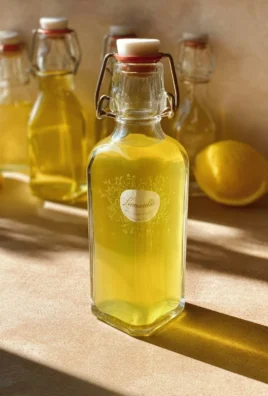 Homemade limoncello with fresh lemons and a bottle on a wooden table