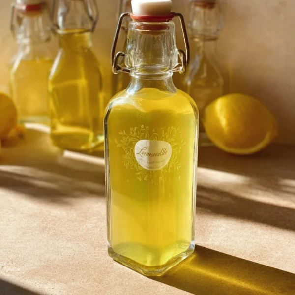 Homemade limoncello with fresh lemons and a bottle on a wooden table