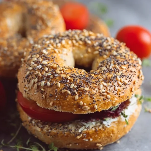 Homemade protein bagels with toppings on a wooden board