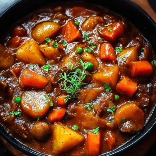 Delicious bowl of Irish vegetarian stew with fresh vegetables and herbs