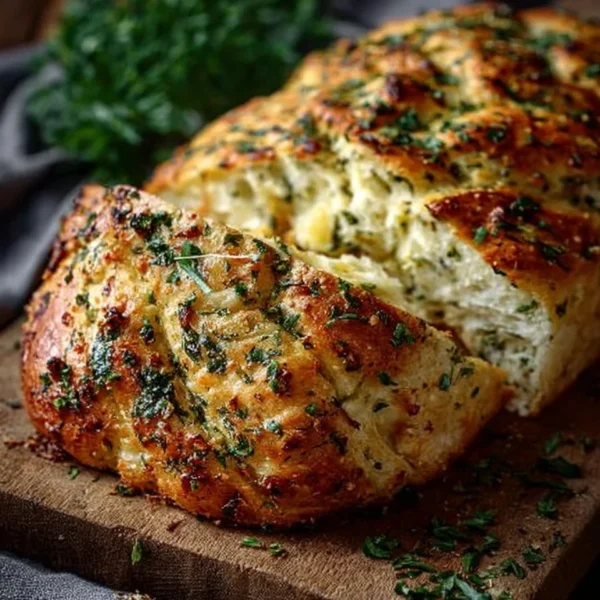 Freshly baked Italian Herbs and Cheese Bread loaf with herbs