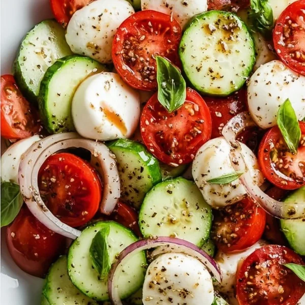 Juicy Cucumber Caprese Salad with fresh tomatoes and mozzarella