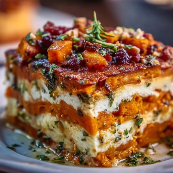 Layered sweet potato lasagna with butternut squash and carrots