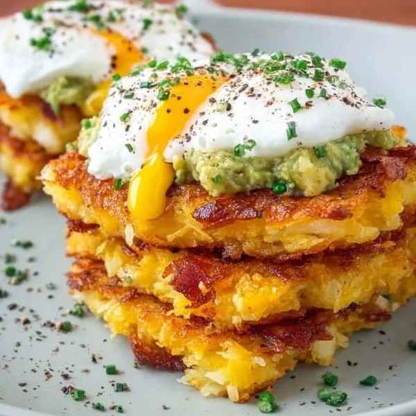 Loaded hash browns topped with cheese, bacon, and green onions on a plate