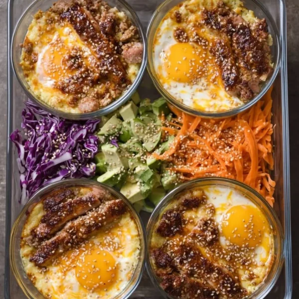 Colorful meal prep breakfast bowls with healthy ingredients and toppings.