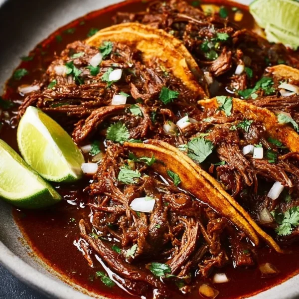 Delicious Mexican Beef Birria served in a traditional bowl with garnishes.