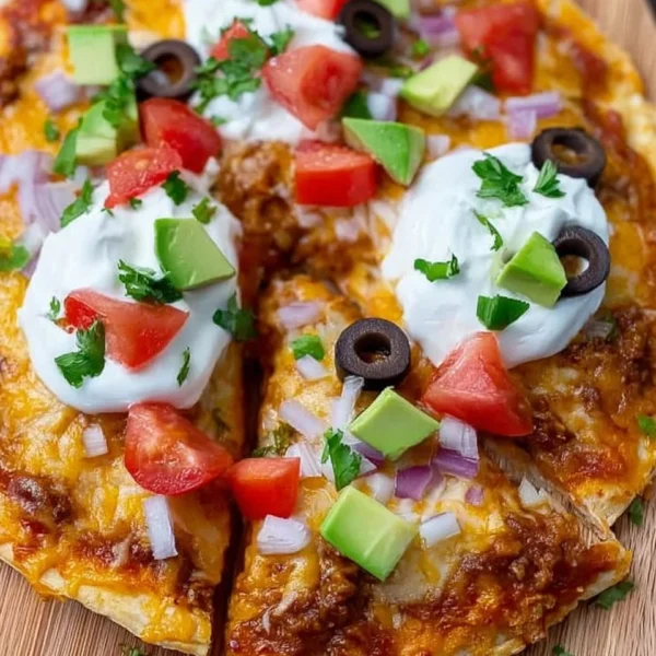 Homemade Mexican Pizza inspired by Taco Bell recipe with toppings.