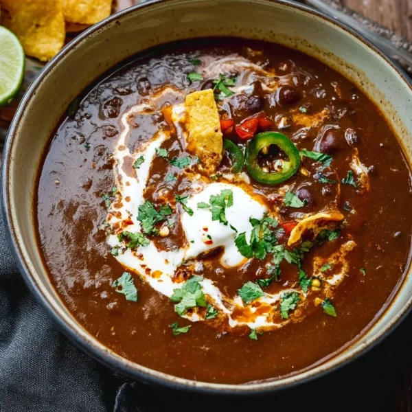 A bowl of Mexican Style Black Bean Soup garnished with cilantro and lime.