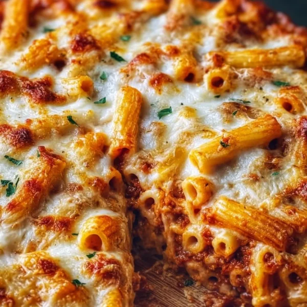 Delicious Million Dollar Baked Ziti topped with melted cheese and herbs