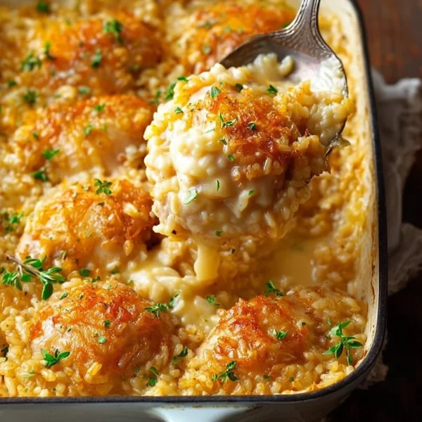 One-pan chicken and rice bake served on a plate with fresh herbs and vegetables.