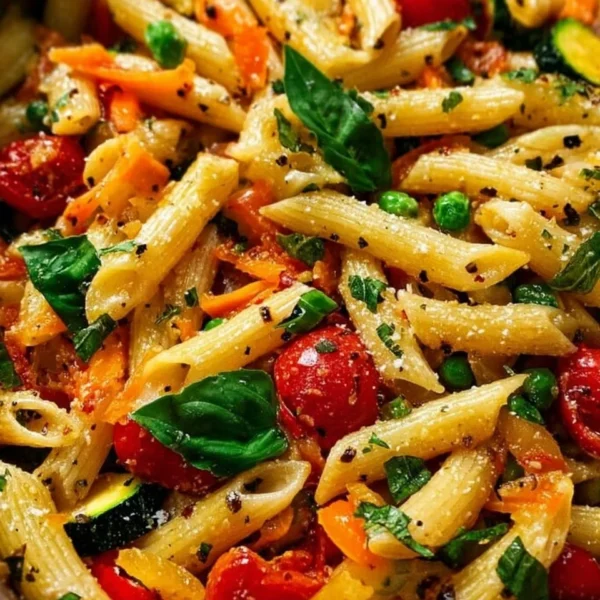 One Pot Veggie Pasta with colorful vegetables in a bowl.
