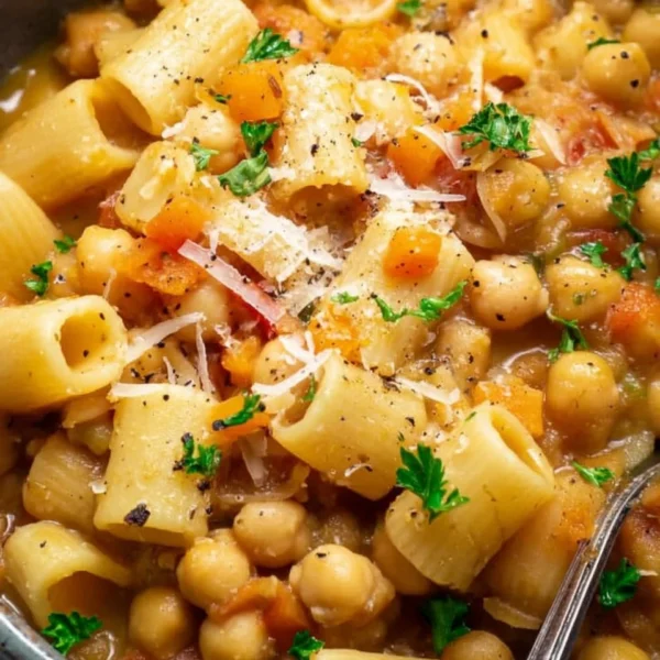 A bowl of pasta with chickpeas garnished with herbs and spices