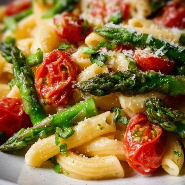 Delicious pasta with asparagus and cherry tomatoes served in a bowl