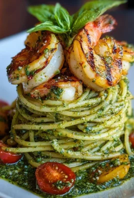 Pesto pasta topped with grilled shrimp in an elegant stack presentation.