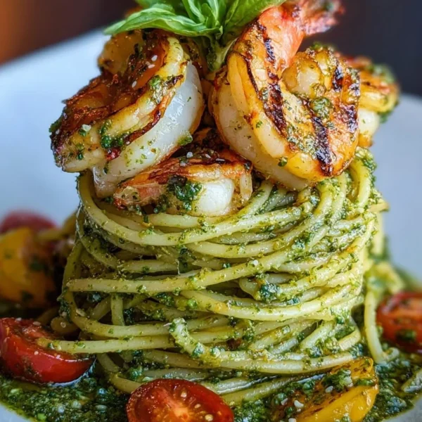 Pesto pasta topped with grilled shrimp in an elegant stack presentation.