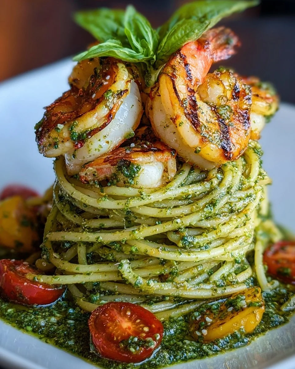 Pesto Pasta and Grilled Shrimp Stack