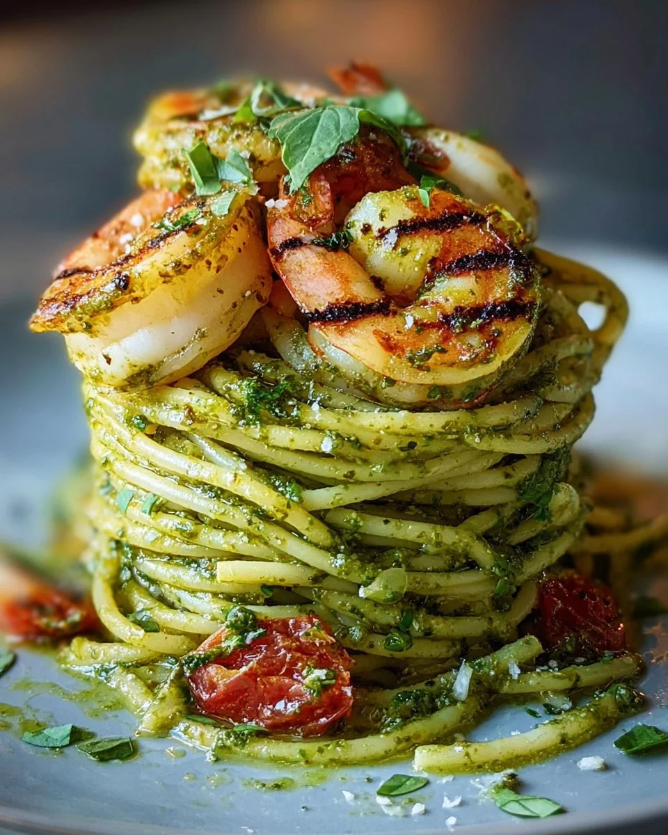Pesto Pasta and Grilled Shrimp Stack