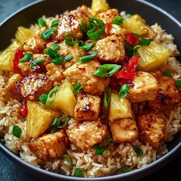 Plate of pineapple chicken served with rice, garnished with fresh herbs.