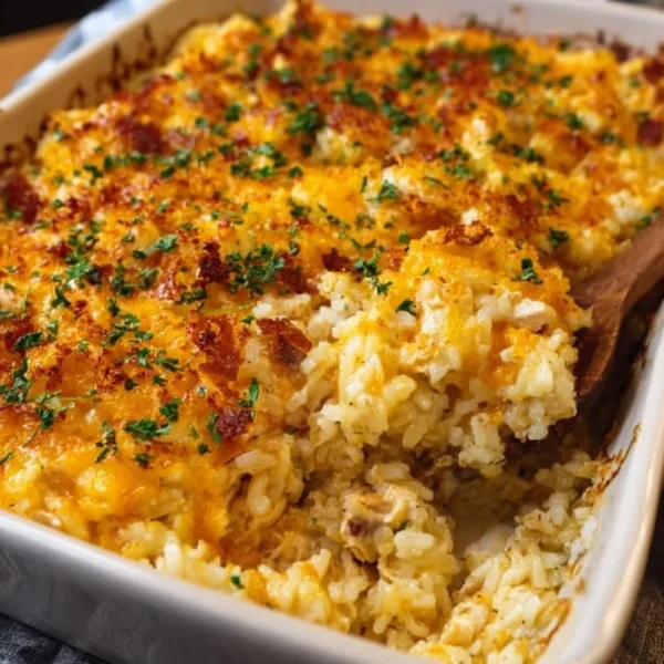 Pioneer Woman Chicken Rice Casserole in a dish, showcasing comfort food ingredients.