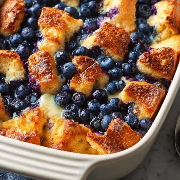 Delicious blueberry french toast casserole topped with fresh blueberries and syrup