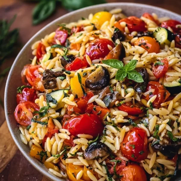 Bowl of roasted vegetable orzo with colorful vegetables and herbs