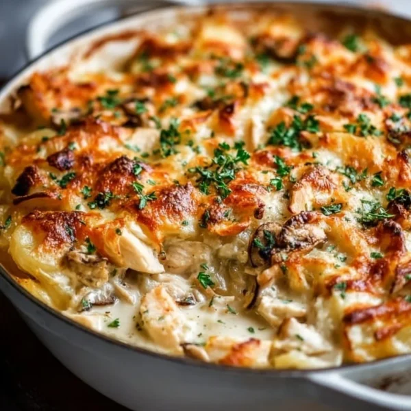 Delicious Rotisserie Chicken Casserole topped with cheese and herbs