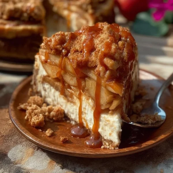 Slice of salted caramel apple pie cheesecake topped with caramel drizzle.